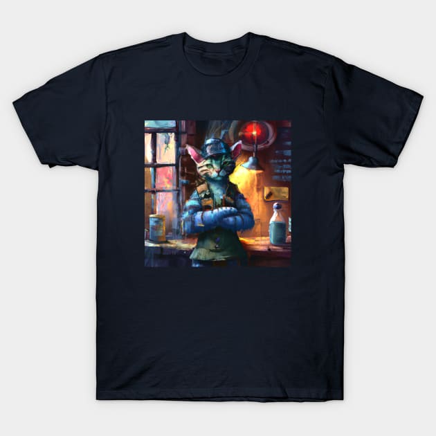 Steampunk Cat Mechanic is Working in the Shop T-Shirt by Star Scrunch